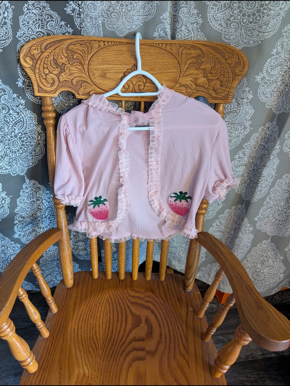 ROMWE Pink Ruffle Shrug with Strawberry Pockets